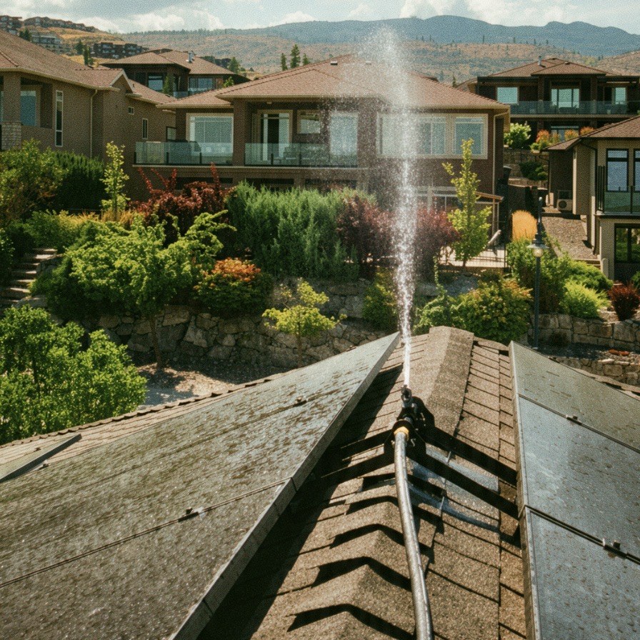 Ridge-mounted wildfire sprinkler spraying water high above an Okanagan hillside neighbourhood