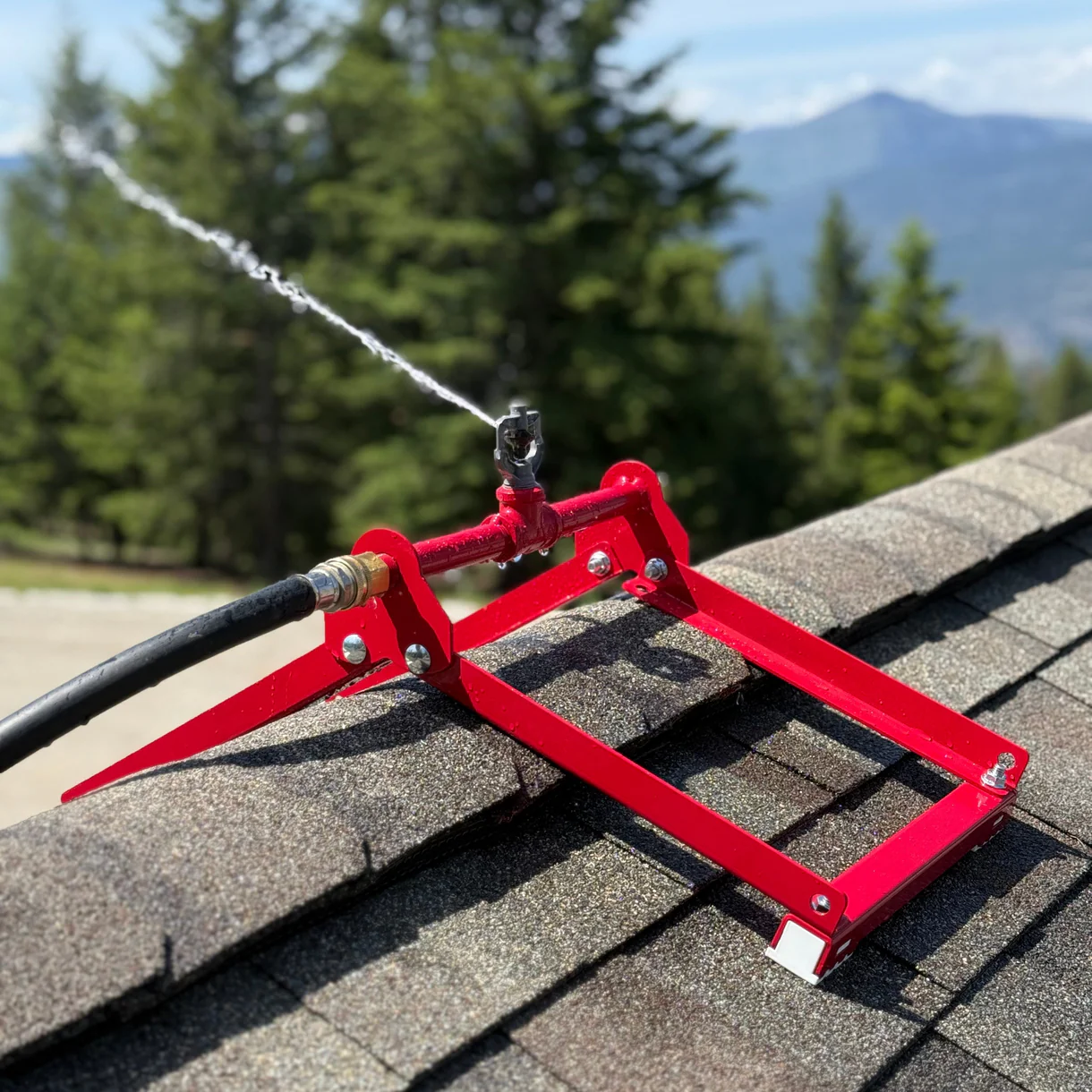 Red peak-mount sprinkler with mountain view